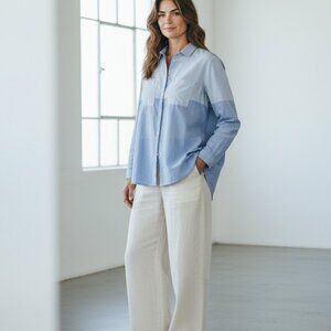 JJill L Button Down Tunic Shirt Blue Colorblock Cotton Oversized Minimalist Soft